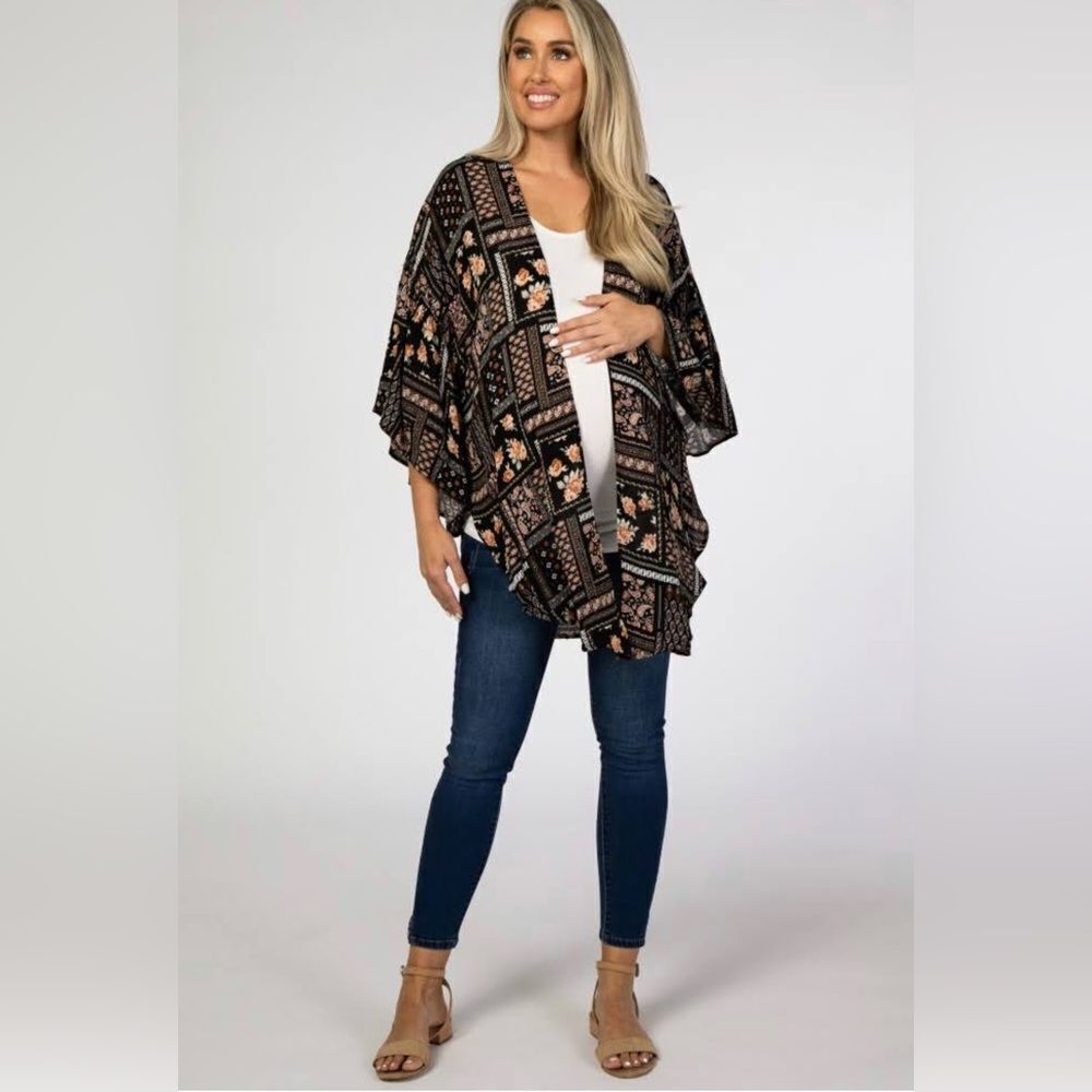 Pinkblush Maternity Black Paisley Floral Ruffle Sleeve Maternity Cover Up Sz M.
